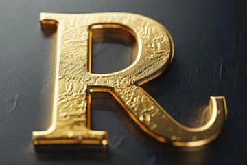 Poster - A close-up shot of a golden letter R on a black background, suitable for use in designs related to luxury, elegance, and sophistication
