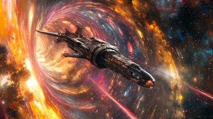 A spaceship flying through the colorful, swirling event horizon of a black hole in space