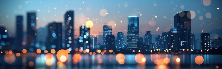 Aufkleber - A nighttime cityscape with tall buildings illuminated by streetlights and city lights, creating a bokeh effect. The sky is a soft blue with scattered light particles, suggesting a clear, starry night.