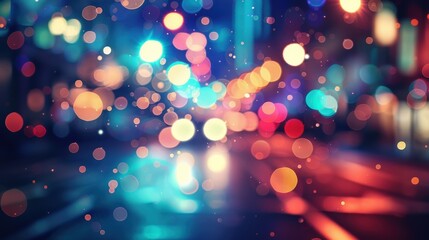 Poster - A blurry, out-of-focus image of a city street at night, with bright and colorful bokeh lights shining through the darkness. The background features an abstract blur of lights and buildings, adding to 