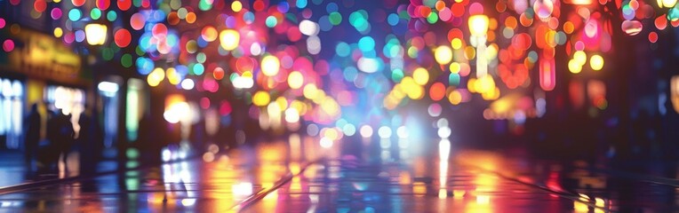 Poster - A blurry image of a city street at night, with colorful string lights strung overhead, reflecting in puddles on the wet pavement. The lights create a vibrant and festive atmosphere.