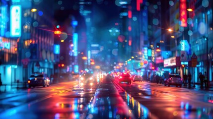 Poster - A wet, dark city street is illuminated by bright neon lights reflecting in puddles. Cars travel down the road, with blurred taillights, and pedestrians walk on the sidewalk. The buildings on either si