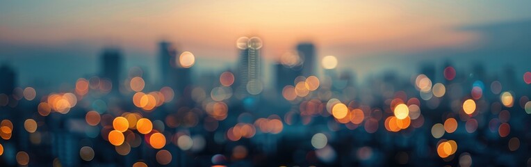 Poster - A blurry image of a cityscape at dusk, with the focus on the out-of-focus lights of the city. The sky is a soft orange and blue, and the buildings are silhouetted against the sunset.