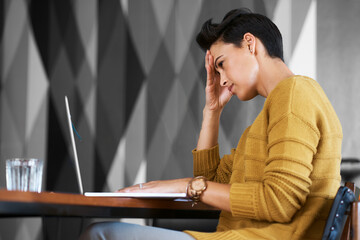 Poster - Business woman, laptop and headache at startup with stress, tired and thinking on solution. Person, writer and computer for project deadline with burnout, exhausted and fatigue at creative agency