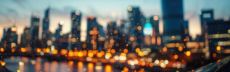 Aufkleber - A blurred cityscape with tall buildings, a waterway in the foreground, and a hazy sunset sky. The lights of the city reflect on the water, creating a soft glow.