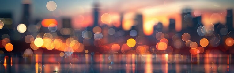 Poster - A blurry cityscape with warm, colorful bokeh lights reflecting on a dark, wet surface. The image evokes a sense of urban life at twilight, with the city lights glowing and reflecting in the water.