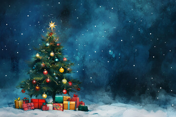 Wall Mural - Christmas Background,watercolor tree