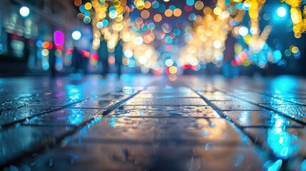 Poster - A close-up of wet pavement with blurred lights from a nearby city street reflecting in the puddles. The pavement is made of dark gray tiles, and the lights create a colorful and abstract pattern.
