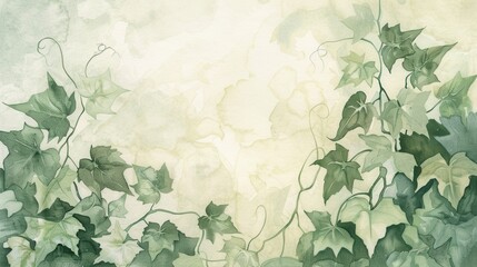 Leinwandbilder - A watercolor painting of green ivy leaves climbing on a light green and white background. The painting is done in a realistic style, with the leaves rendered in detail. The light background gives the 