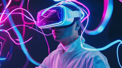 Poster - A person experiences virtual reality in a vibrant, neon environment, surrounded by colorful light trails, fully immersed in an interactive digital adventure