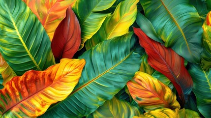 Wall Mural - A close-up photograph of a group of tropical leaves showcasing vibrant colors. The leaves are primarily green with streaks of yellow, orange, and red. The texture of the leaves is visible, highlightin