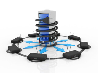 Poster - 3d rendering Transmitter WiFi with database connected optical cable