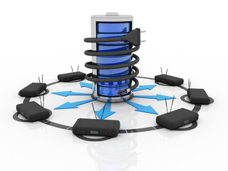 Poster - 3d rendering Transmitter WiFi with database connected optical cable