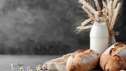 Sticker -   A pair of loaves of bread rests atop a table alongside a bottle of milk and a handful of wheat ears