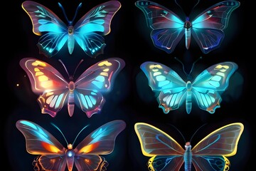 Wall Mural - Isolated fantasy bioluminescent butterflies glowing in the dark Generative AI