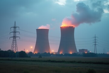 Nuclear power plant with smoke. Generative AI