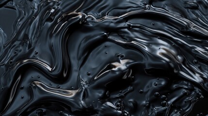 Poster - A thick black liquid forms intricate, flowing patterns with tiny bubbles reflecting light, creating an artistic and dynamic visual