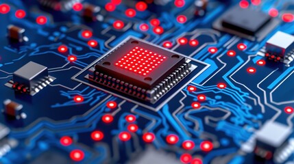 Poster - a close-up displays a circuit board highlighting a microchip surrounded by glowing red led lights ag