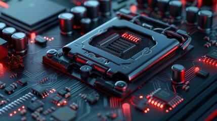 Poster - A detailed view of a computer motherboard features intricate circuitry and components illuminated by red LED lights in a dim environment, showcasing advanced technology