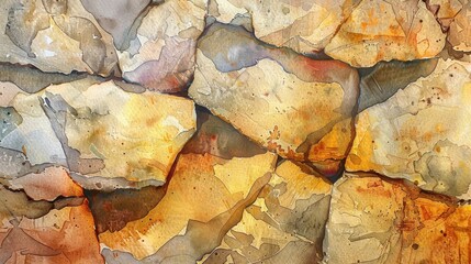 Aufkleber - An abstract watercolor painting features a close-up view of a stone wall. The stones are irregularly shaped and appear to be layered on top of each other. The artist used shades of brown, yellow, and 