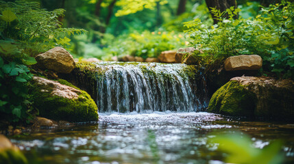 Wall Mural - A small stream of water flows through a lush green forest