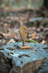 Poster - A small piece of metal sits on top of a rock, a simple yet intriguing scene
