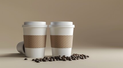 Poster - A still life image of two cups of coffee sitting next to a pile of coffee beans