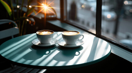   Two cups of coffee rest on a table near a sunlit window sill