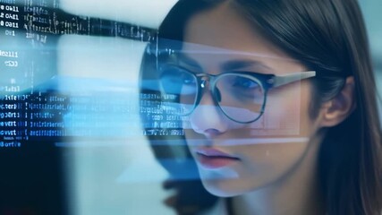 Wall Mural - Close up face of professional it specialist female wear glasses using device writing code computer network maintenance.