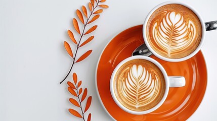   Two cups of cappuccino on a white saucer with an orange spoon