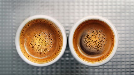   Two cups of coffee on a metal table with hole-topped cups