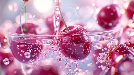 Sticker -   A close-up shot of a cherry bowl with water droplets on its edge and cherries arranged on the rim