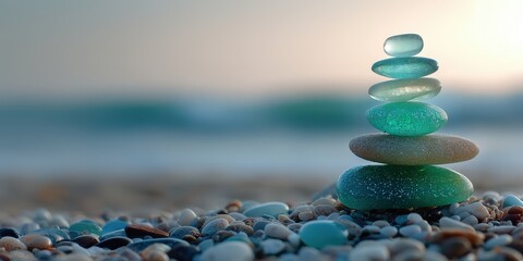 Poster - Colorful sea glass stones are carefully stacked on a pebble beach with gentle ocean waves in the background during the evening light