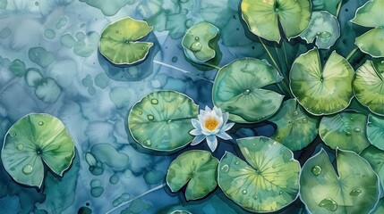 Leinwandbilder - A single, white water lily blossom with a yellow center rests on a large green lily pad in a calm pond, surrounded by several other lily pads. The water is clear and blue, and there are water droplets