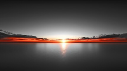 Poster - The sun sets dramatically over a calm sea, casting warm shades of orange and red across the water and sky, creating a serene and peaceful atmosphere