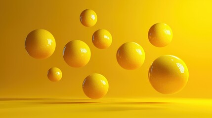 Poster - Yellow spheres hover in mid-air, casting shadows on a golden background, creating a lively and dynamic visual effect