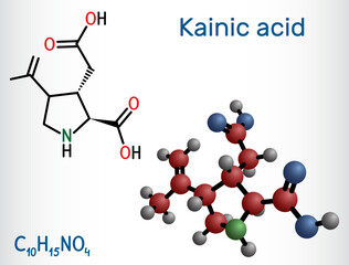 Poster - Kainic acid or kainate molecule. It is neuroexcitatory amino acid. Structural chemical formula, molecule model