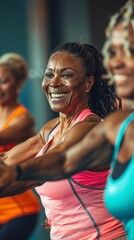 Wall Mural - A group of women are smiling and laughing while exercising