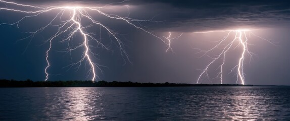 A dramatic scene of lightning striking over a darkened water surface, showcasing nature's power and beauty