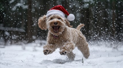 Poster - A lively dog runs happily through a snowy landscape, wearing a red holiday hat, enjoying the winter chill with excitement