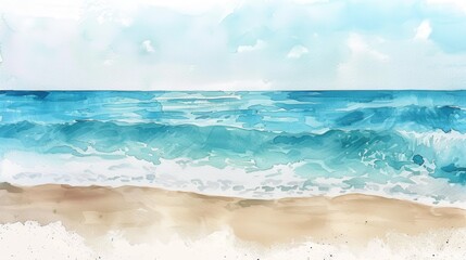 Wall Mural - A watercolor painting depicts a sandy beach with gentle waves crashing on the shore. The blue ocean stretches out to the horizon under a light blue sky.