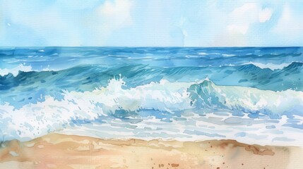 A watercolor painting depicts a seascape with blue ocean waves crashing on a sandy beach. The water is a vibrant blue, with white foam cresting at the top of the waves. The sky is a light blue with wh