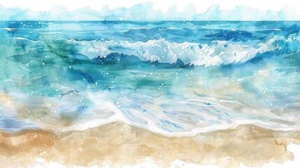 Poster - A watercolor painting depicts a beach scene with turquoise blue ocean waves crashing onto a sandy shore. The water appears translucent with white foam forming along the top of the waves. A light blue 