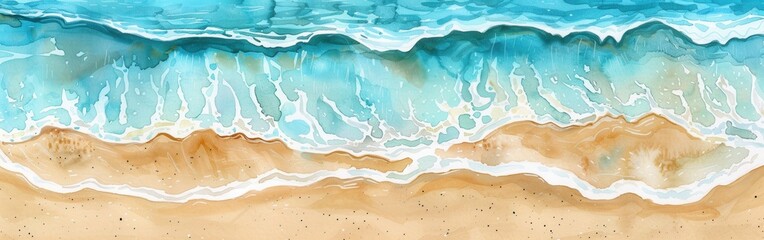 Poster - A watercolor painting depicting a close-up view of ocean waves crashing on a sandy beach. The water is a vibrant turquoise blue, with white foamy waves breaking at the shore. The sand is a warm brown,