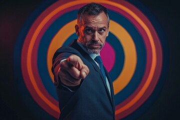 Wall Mural - An isolated businessman pointing, with a color target in the background