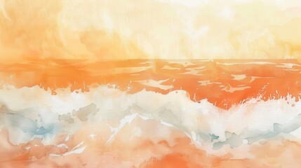 Wall Mural - A watercolor painting depicts a scene of ocean waves crashing against a sandy shore. The sky and water are painted in shades of orange and yellow, suggesting a sunset. The white foam of the waves cont