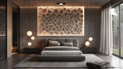 Modern bedroom with sophisticated lighting and textured wall design featuring an abstract pattern. Concepts of contemporary interior design, relaxation, and luxury living spaces.