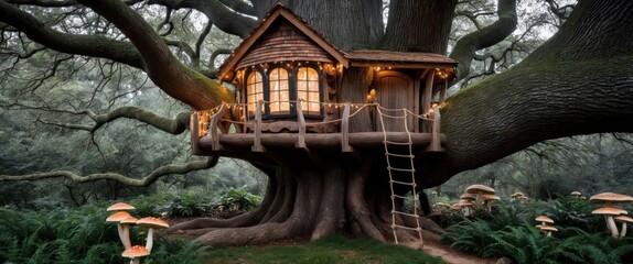 A whimsical treehouse nestled in a forest, illuminated by warm lights, creating a cozy and enchanting atmosphere