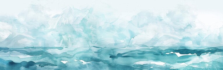 Aufkleber - An abstract watercolor painting of a blue sky above a blue sea. The sky is painted with light and dark shades of blue, creating the appearance of clouds or mountains. The sea is painted with similar s