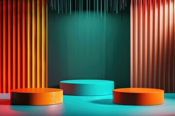 Poster - Three modern, round stools placed in a bright and colorful room, ideal for use as decorative accents or functional seating